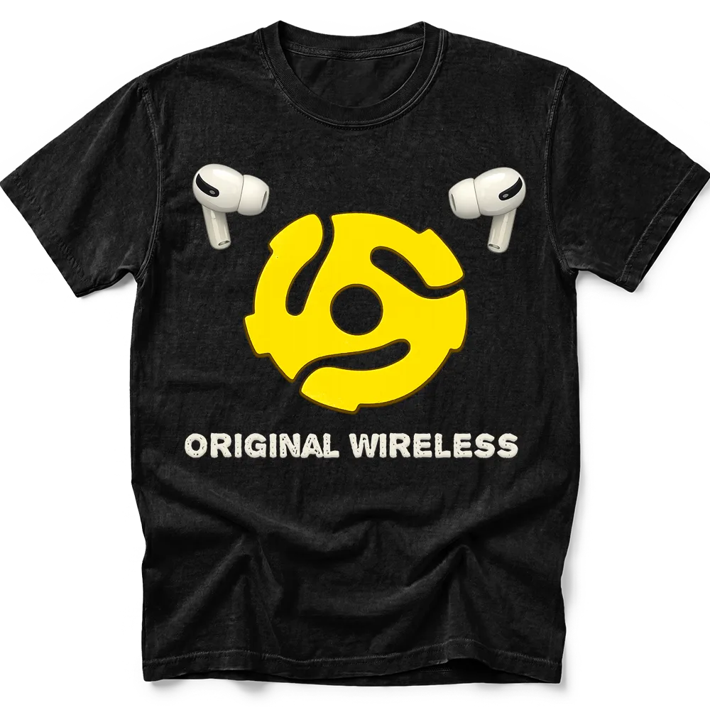 Black T-shirt shown flat with a yellow 45 RPM record adapter, two cream earbuds and Original Wireless lettering on the front.