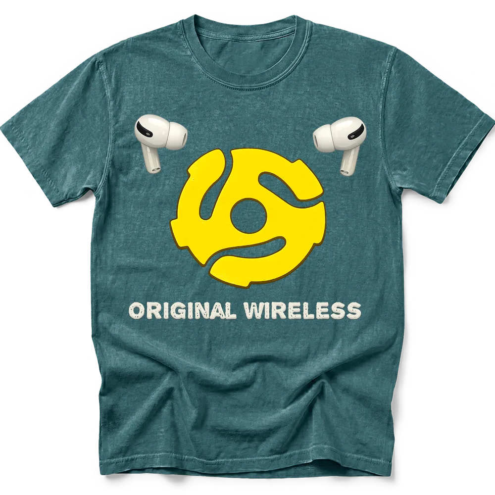 Blue Spruce T-shirt shown flat with a yellow 45 RPM record adapter, two cream earbuds and Original Wireless lettering on the front.