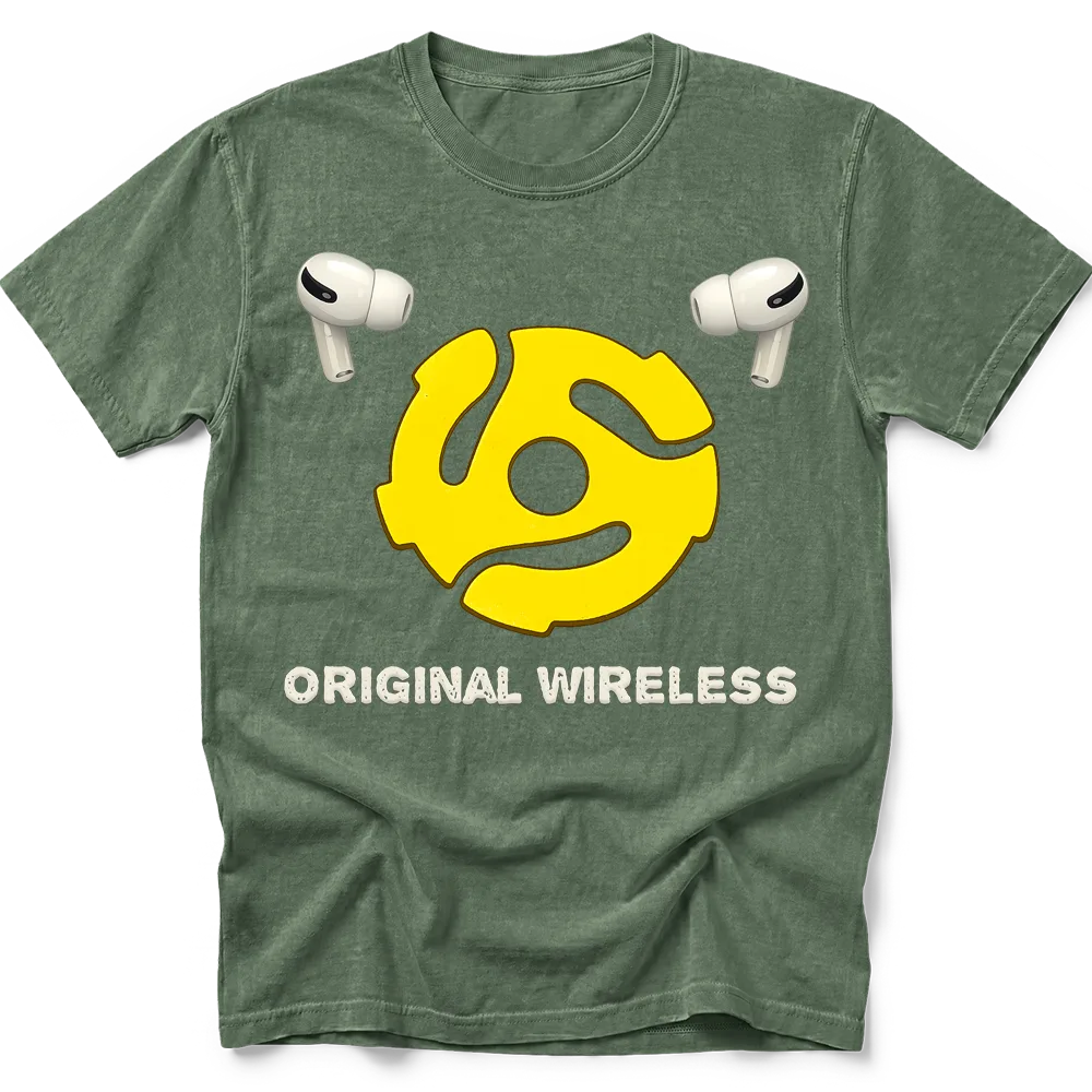 Moss T-shirt shown flat with a yellow 45 RPM record adapter, two cream earbuds and Original Wireless lettering on the front.