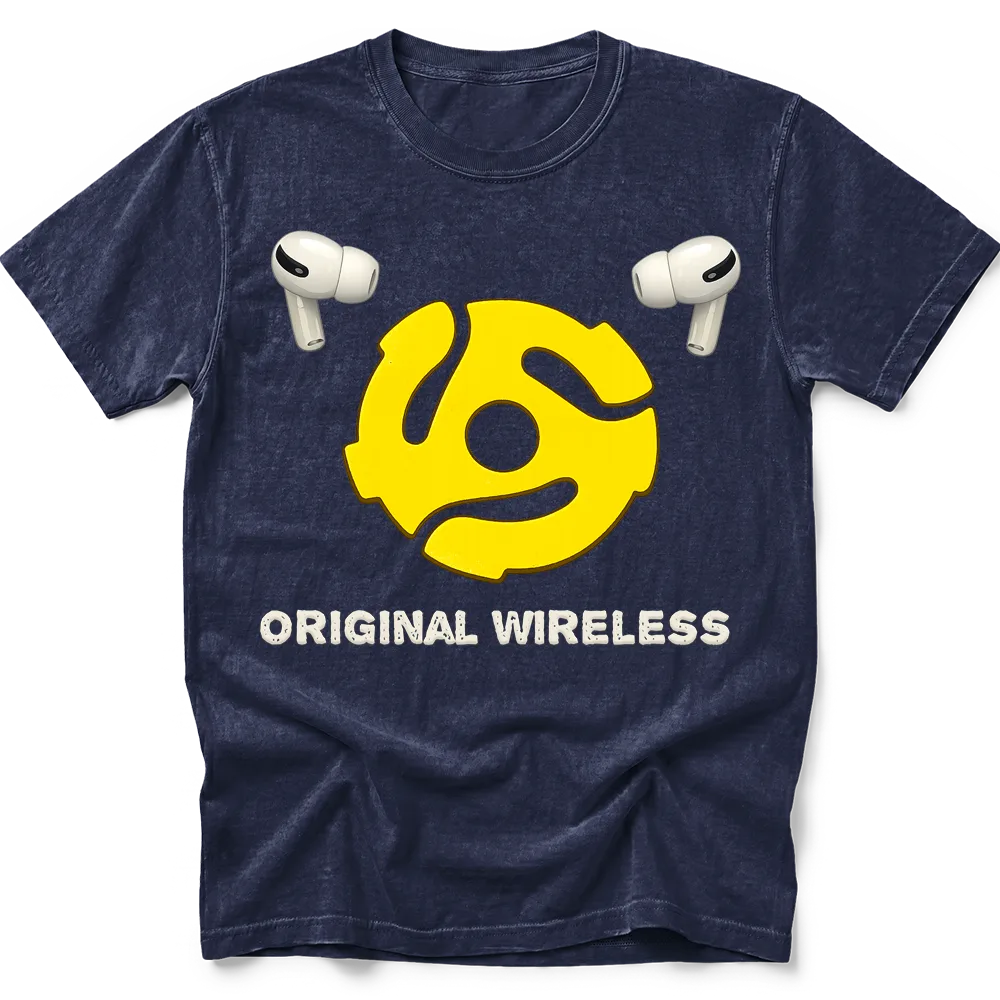 Navy T-shirt shown flat with a yellow 45 RPM record adapter, two cream earbuds and Original Wireless lettering on the front.