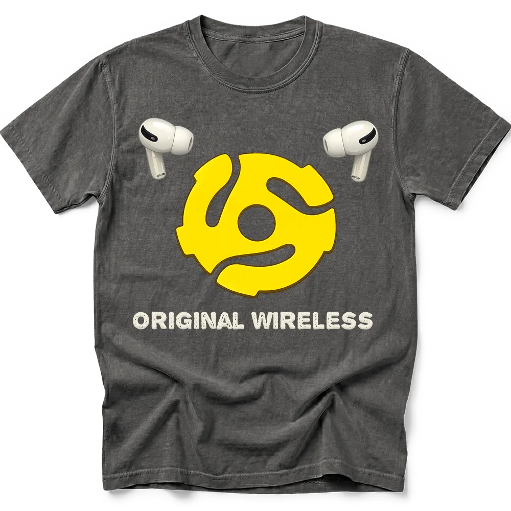 Pepper T-shirt shown flat with a yellow 45 RPM record adapter, two cream earbuds and Original Wireless lettering on the front.